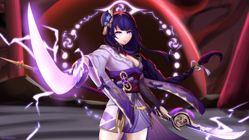 1girl, absurdres, braid, breasts, che3zy, cleavage, closed_mouth, coattails