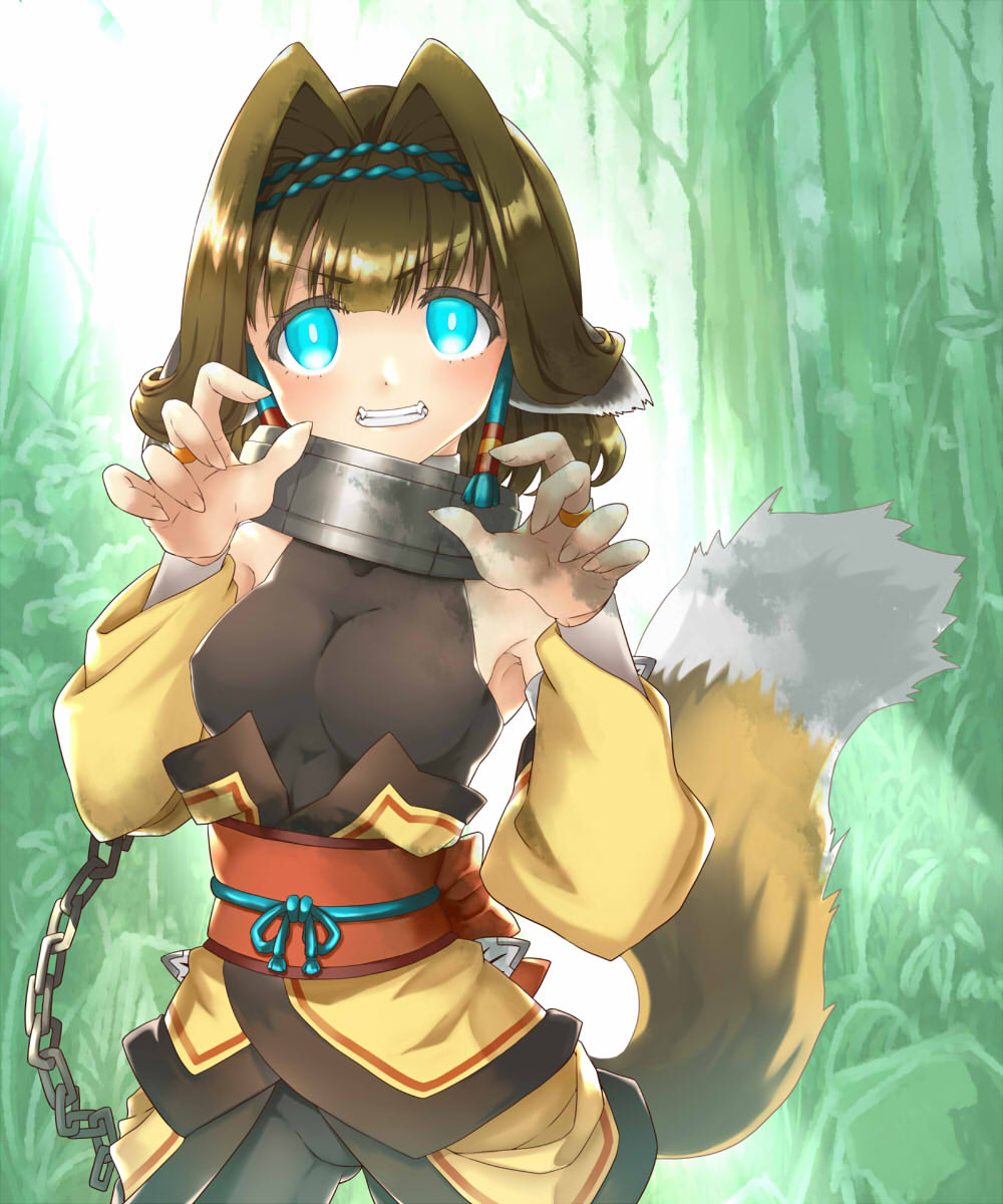 1girl, animal_ears, aquaplus, blue_eyes, breasts, brown_hair, chain, collar, cowboy_shot, emushiri, fang, fangs, glowing, glowing_eyes, grin, hair_between_eyes, headband, highres, kazuhane2, medium_breasts, outdoors, short_hair, sleeveless, smile, solo, standing, tail, teeth, utawarerumono, utawarerumono:_lost_flag