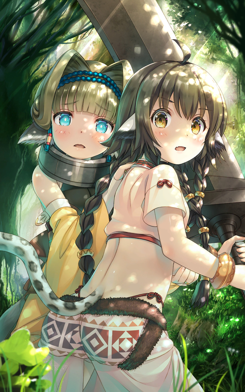 2girls, ainu_clothes, animal_ears, anju_(utawarerumono), aquaplus, artist_request, ass, back, backless_outfit, blue_eyes, blush, bracelet, braid, breasts, brown_eyes, brown_hair, collar, cowboy_shot, crop_top, emushiri, fang, from_behind, greatsword, hair_ornament, highres, holding, holding_sword, holding_weapon, jewelry, long_hair, looking_at_viewer, multiple_girls, official_art, open_mouth, outdoors, short_sleeves, small_breasts, sunlight, sword, tail, thighs, utawarerumono, utawarerumono:_futari_no_hakuoro, utawarerumono:_itsuwari_no_kamen, utawarerumono:_lost_flag, very_long_hair, weapon