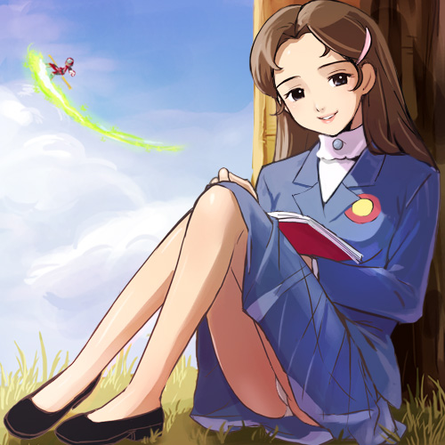 1980s_(style), 1girl, against_tree, ass, black_eyes, blazer, blouse, book, brown_hair, cloud, day, female_focus, flying, glowing, grass, hair_ornament, hairclip, haruyama_kazunori, itadakiman, itadakiman_(character), jacket, legs, lipstick, long_hair, lowres, magota_kusaku, makeup, nature, oldschool, open_book, outdoors, panties, pantyshot, pleated_skirt, reading, retro_artstyle, sanzou_houko, school_uniform, shirt, shoes, sitting, skirt, sky, smile, solo, staff, tatsunoko_production, time_bokan_(series), tree, turtleneck, under_tree, underwear, upskirt, what, white_panties