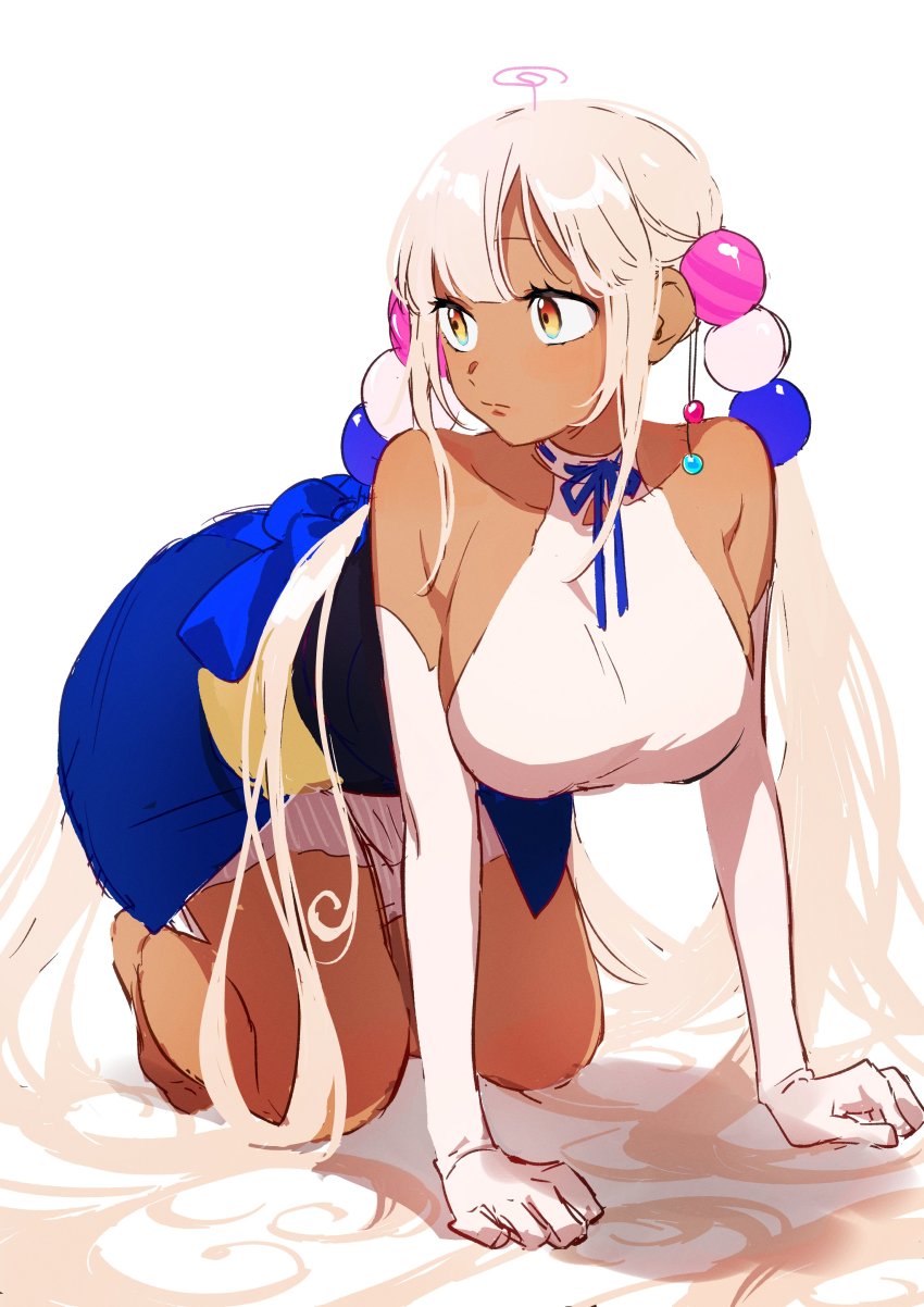 1girl, absurdres, all_fours, aneco_(westsea1227), bare_legs, barefoot, blonde_hair, blue_bow