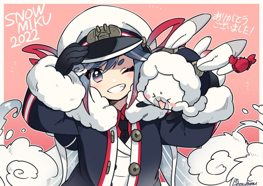 >_<, 1girl, :3, ;d, black_capelet, black_gloves, black_necktie, blue_coat