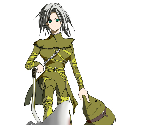 1girl, axe, chain, demon's_souls, executioner_miralda, female_focus, fromsoftware, green_eyes