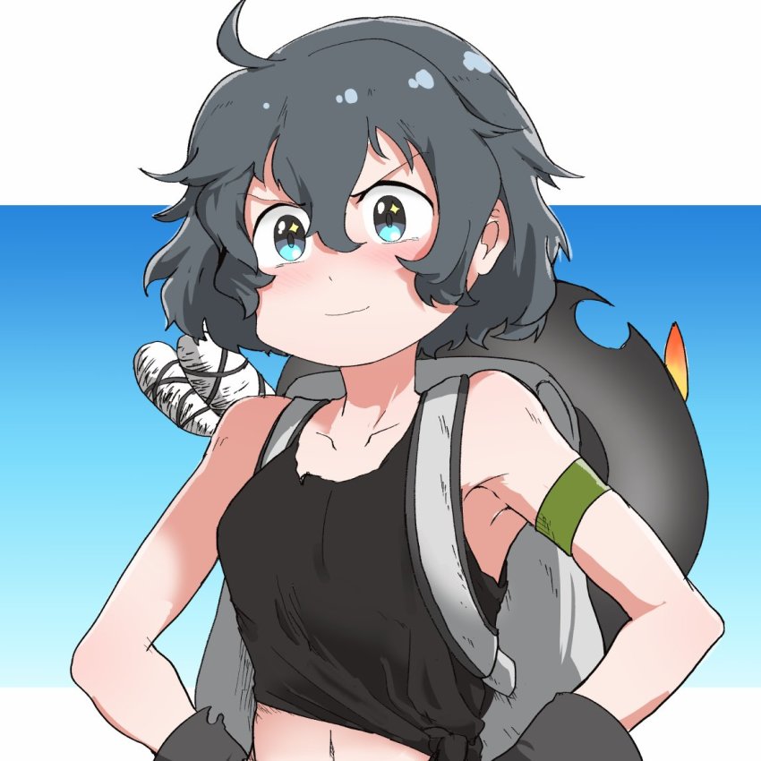 1girl, arm_strap, baka-man, black_gloves, black_hair, black_shirt, blue_eyes, closed_mouth