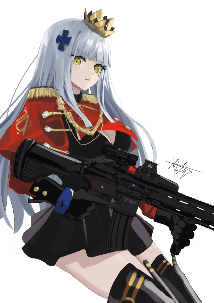 1girl, assault_rifle, black_gloves, black_skirt, black_thighhighs, boots, breasts, capelet