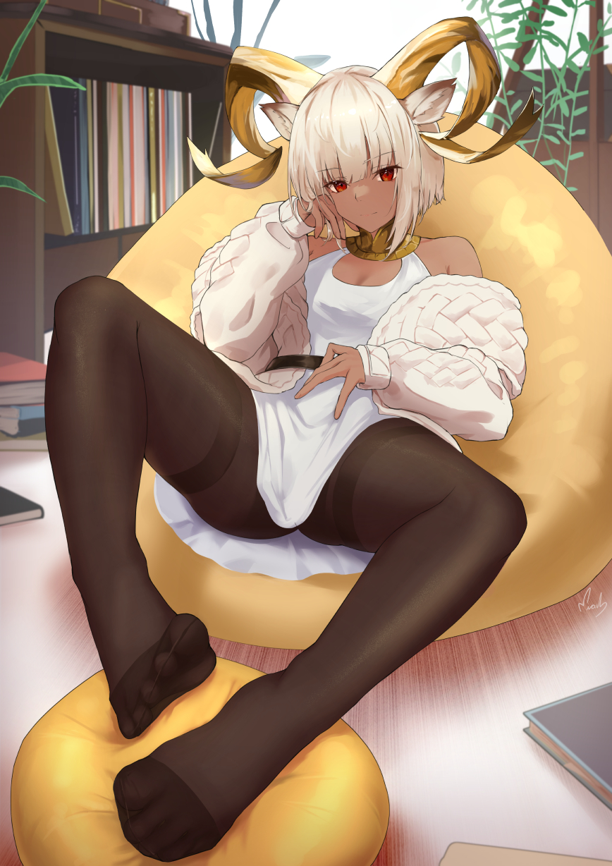 1girl, animal_ear_fluff, animal_ears, arknights, bare_shoulders, bean_bag_chair, beeswax_(arknights), beeswax_(weisser_sand)_(arknights), beeswax_(weisser_sand)_(arknights)_(cosplay), black_pantyhose, book, breasts, cardigan, carnelian_(arknights), closed_mouth, commentary, cosplay, dark-skinned_female, dark_skin, dorsiflexion, english_commentary, feet, foot_focus, foreshortening, full_body, goat_ears, goat_girl, goat_horns, hand_on_own_cheek, hand_on_own_face, hand_on_own_stomach, highres, horns, indoors, knee_up, legs, long_sleeves, looking_at_viewer, lying, medium_breasts, nev_(nevblindarts), no_shoes, off_shoulder, official_alternate_costume, on_back, open_cardigan, open_clothes, pantyhose, plant, puffy_long_sleeves, puffy_sleeves, red_eyes, shirt, short_hair, sleeveless, sleeveless_shirt, solo, thighband_pantyhose, white_cardigan, white_hair, white_shirt