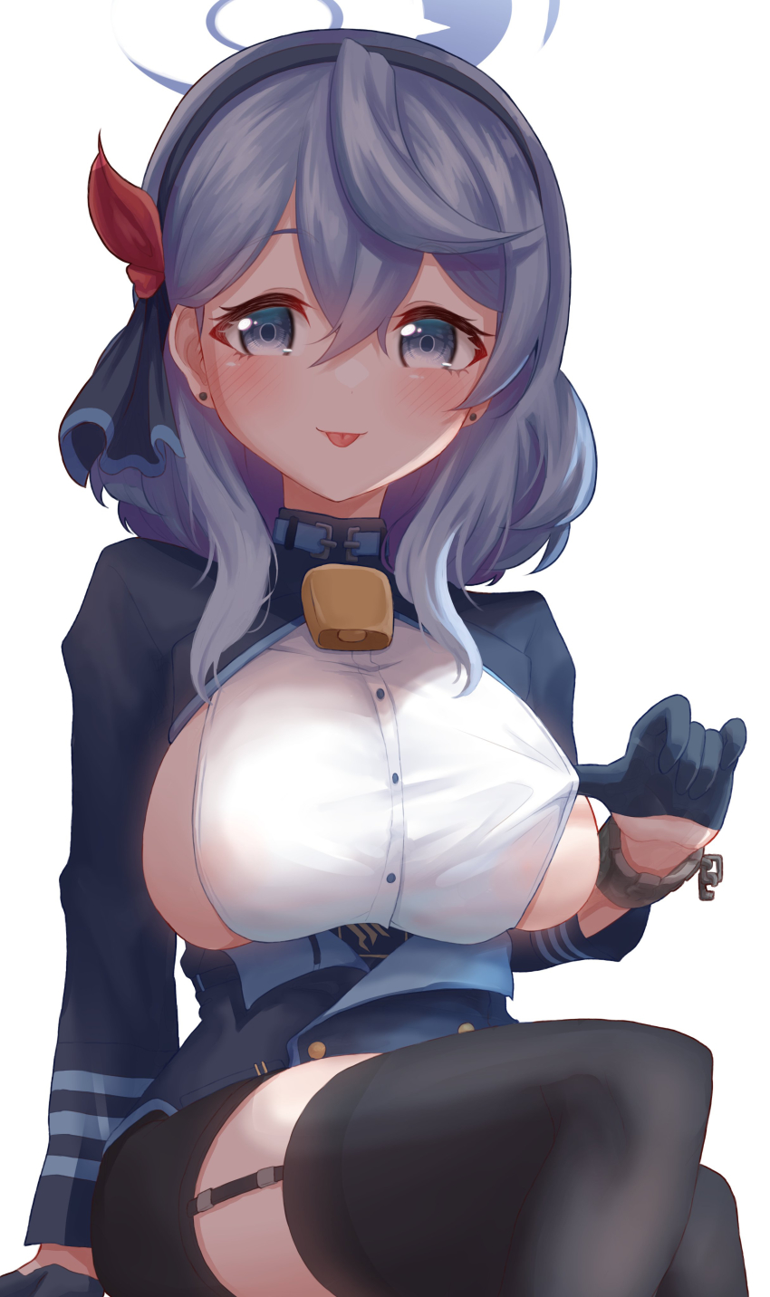 1girl, absurdres, ako_(blue_archive), bell, black_thighhighs, blue_archive, blue_eyes, blue_hair