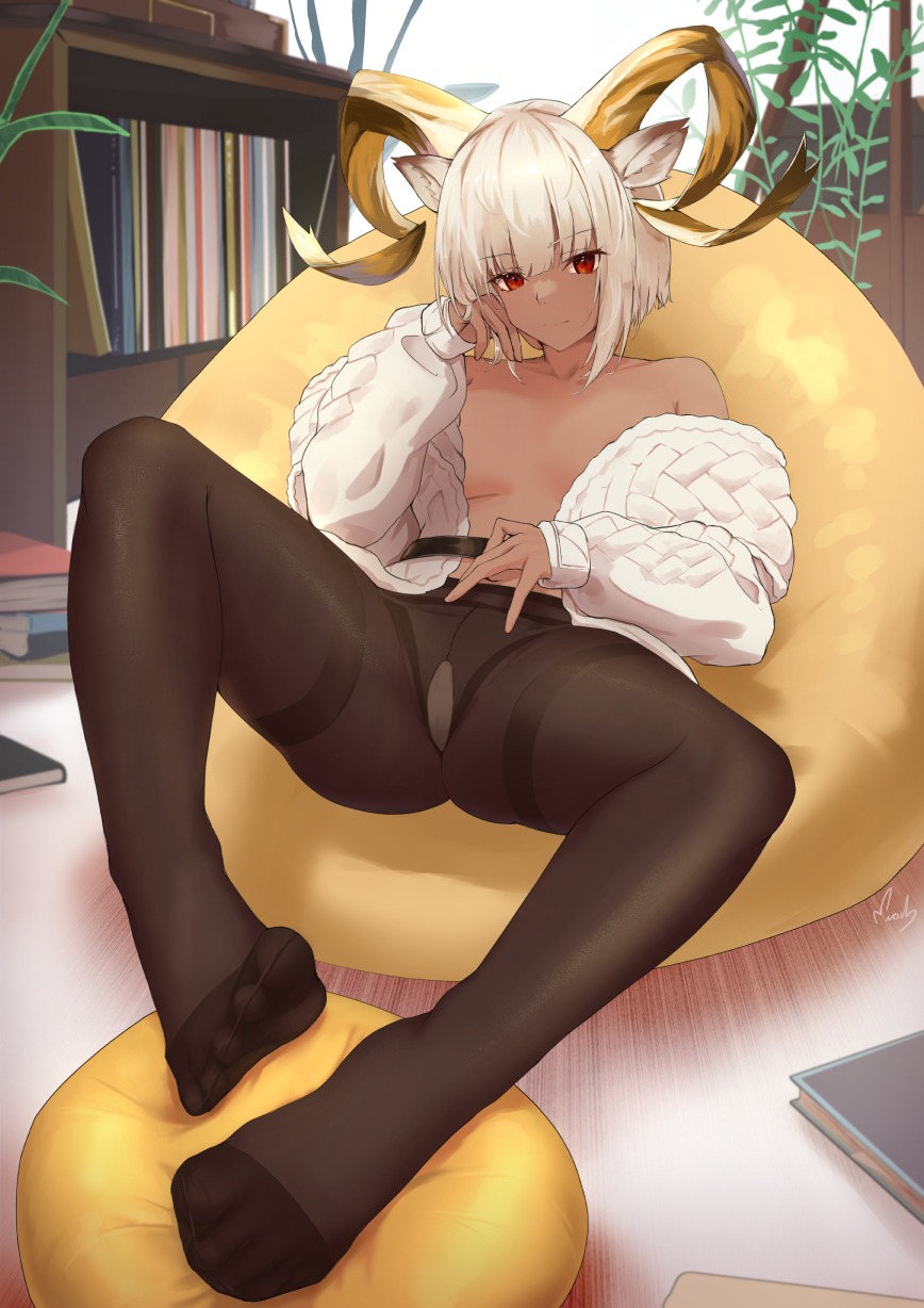 1girl, animal_ear_fluff, animal_ears, arknights, bare_shoulders, bean_bag_chair, beeswax_(arknights), beeswax_(weisser_sand)_(arknights), beeswax_(weisser_sand)_(arknights)_(cosplay), black_pantyhose, book, breasts, cardigan, carnelian_(arknights), closed_mouth, commentary, cosplay, dark-skinned_female, dark_skin, dorsiflexion, english_commentary, feet, foot_focus, foreshortening, full_body, goat_ears, goat_girl, goat_horns, hand_on_own_cheek, hand_on_own_face, hand_on_own_stomach, highres, horns, indoors, knee_up, legs, long_sleeves, looking_at_viewer, lying, medium_breasts, nev_(nevblindarts), no_shoes, off_shoulder, official_alternate_costume, on_back, open_cardigan, open_clothes, pantyhose, plant, puffy_long_sleeves, puffy_sleeves, red_eyes, shirt, short_hair, sleeveless, sleeveless_shirt, solo, thighband_pantyhose, white_cardigan, white_hair, white_shirt