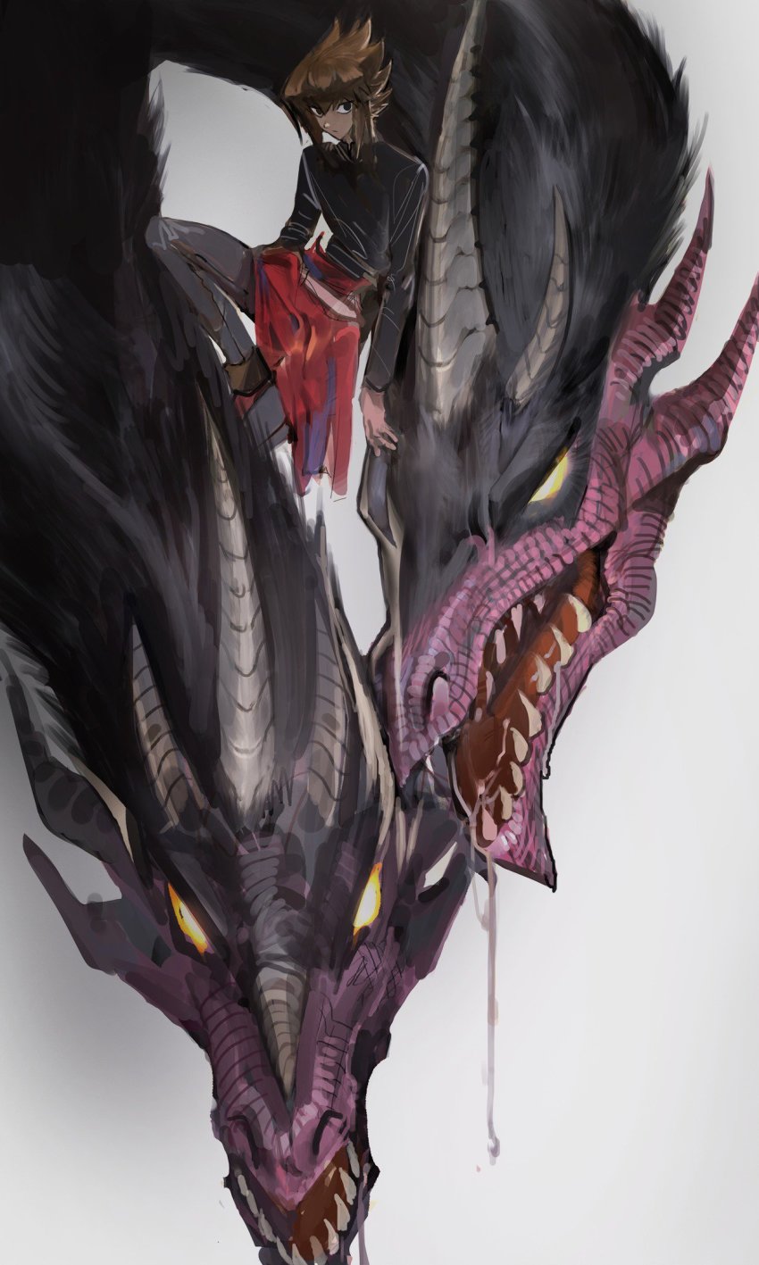 1boy, brown_hair, cocaduel, dragon, giant, giant_monster, green_eyes, hair_between_eyes