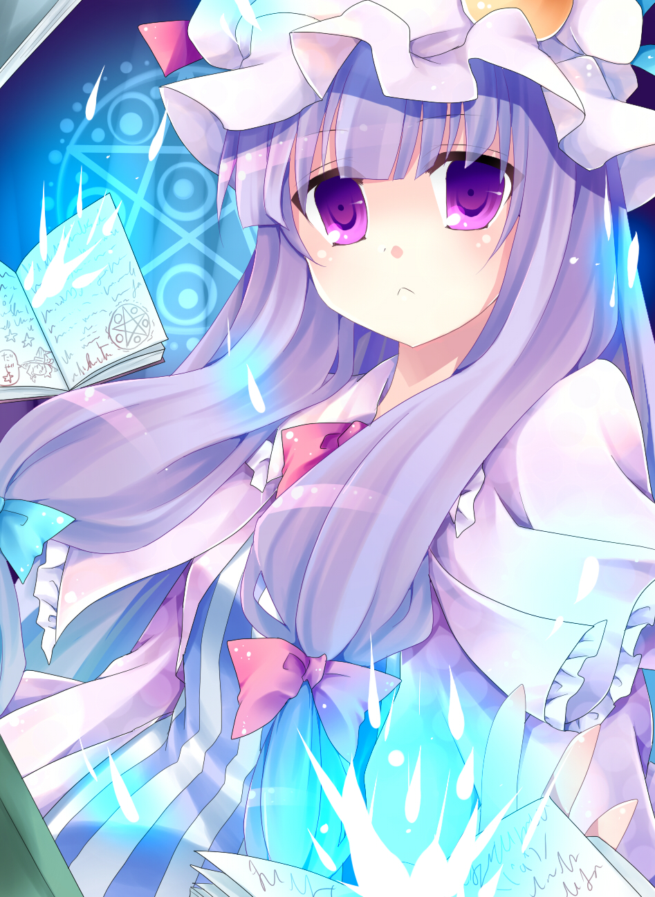 1girl, :<, bad_id, bad_pixiv_id, book, bow, female_focus, hat