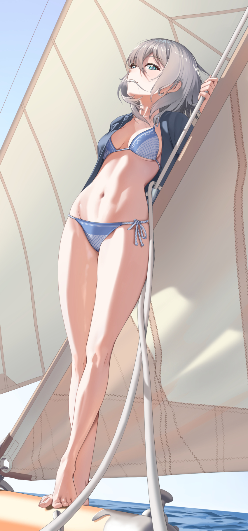 1girl, absurdres, aqua_eyes, barefoot, bikini, blue_bikini, breasts, cardigan