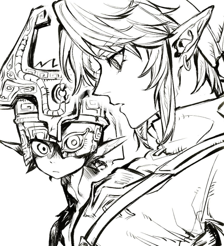 1boy, 1girl, bibabunie, closed_mouth, earrings, girl_staring_at_guy's_chest_(meme), greyscale, hat, helmet, jewelry, link, meme, midna, monochrome, nintendo, parted_lips, ponytail, sidelocks, simple_background, the_legend_of_zelda, the_legend_of_zelda:_twilight_princess, tunic, upper_body