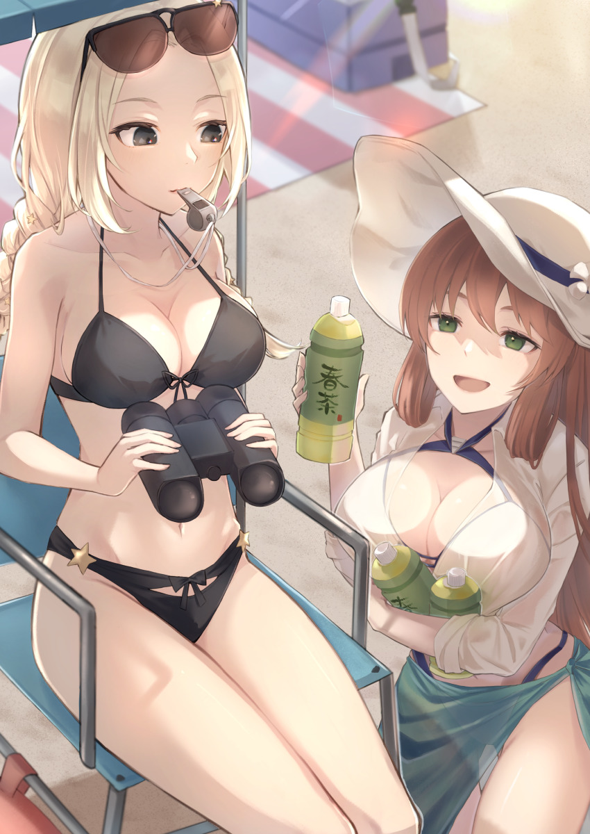 2girls, absurdres, bikini, binoculars, black_bikini, blonde_hair, braid, breasts
