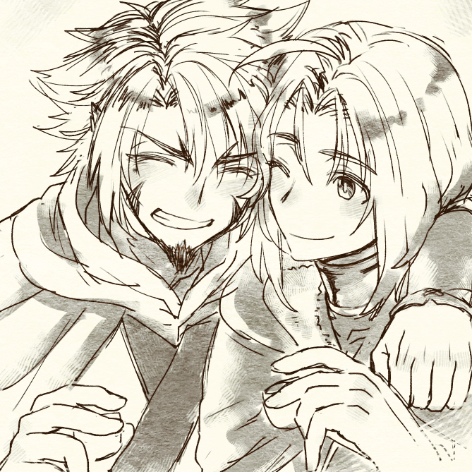 2boys, ahoge, aquaplus, beard, blush, closed_eyes, closed_mouth, facial_hair