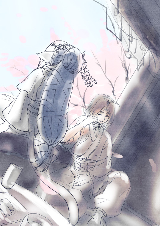 1boy, 1girl, absurdly_long_hair, ahoge, animal_ears, aquaplus, black_hair, branch, brown_hair, cat_tail, cup, dress, closed_eyes, feet, from_behind, from_side, full_body, hair_ornament, haku_(utawarerumono), hand_on_own_cheek, hand_on_own_face, head_tilt, kuon_(utawarerumono), layered_sleeves, crossed_legs, long_hair, long_sleeves, menndaiko, monochrome, open_mouth, ponytail, scarf, sidelocks, sitting, sitting_on_object, table, tail, utawarerumono, utawarerumono:_itsuwari_no_kamen, very_long_hair