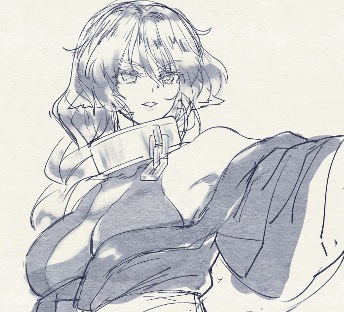 1girl, animal_ears, aquaplus, braid, breasts, chain, collar, curvy, eyelashes, greyscale, hair_between_eyes, huge_breasts, karulau, large_breasts, long_hair, menndaiko, monochrome, off_shoulder, open_mouth, sidelocks, single_braid, sleeveless, solo, upper_body, utawarerumono, wavy_hair