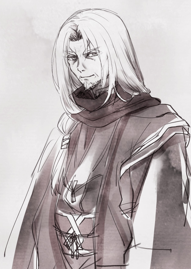 1boy, aged_up, aquaplus, beard, closed_mouth, facial_hair, fugito, greyscale