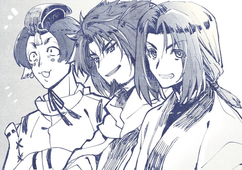 3boys, ahoge, animal_ears, aquaplus, eyes_visible_through_hair, greyscale, grin, haku_(utawarerumono)