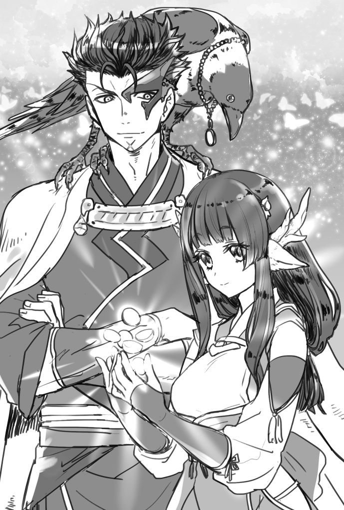 1boy, 1girl, akuta_(utawarerumono:_lost_flag), animal, animal_ears, animal_on_shoulder, aquaplus, bird