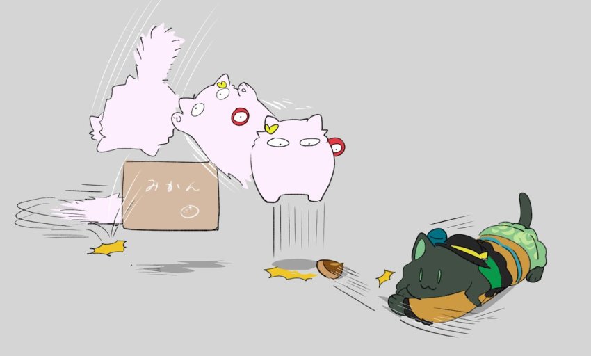 animal_ears, animalization, black_fur, blue_shirt, bow, box, carton, cat_ears