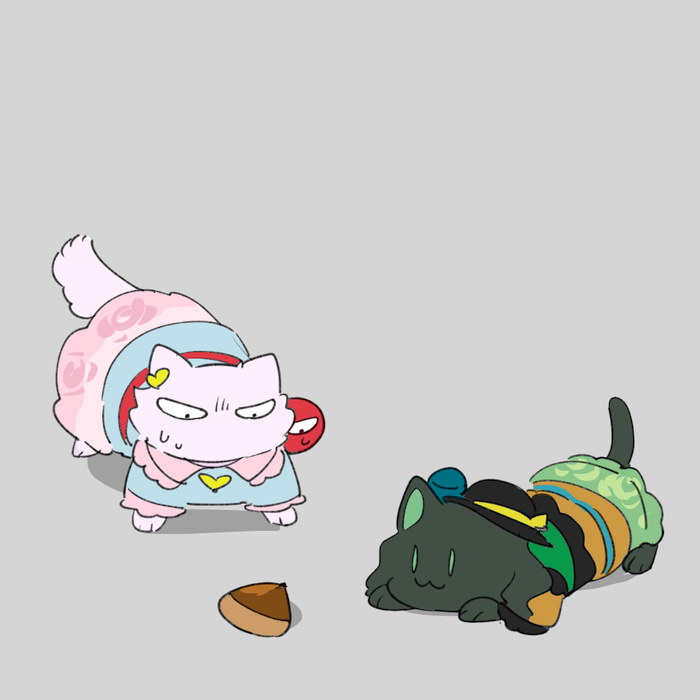 acorn, animal_ears, animalization, blue_shirt, bow, cat_ears, cat_tail, chamaruk