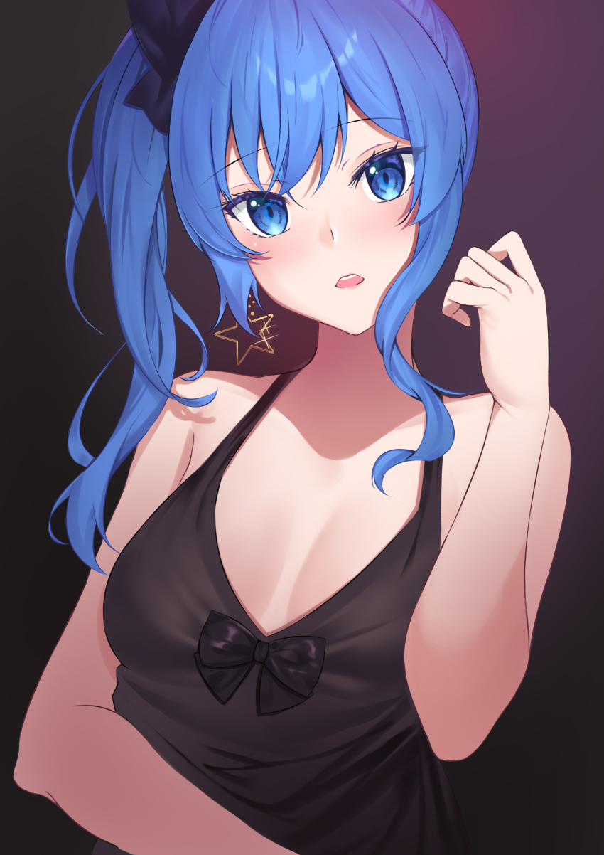 1girl, absurdres, bare_shoulders, black_dress, blue_eyes, blue_hair, blush, breasts