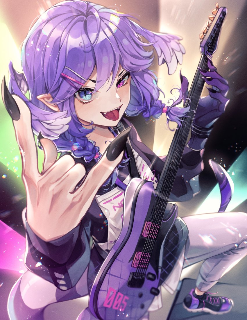 1girl, :d, :p, \n/, absurdres, black_nails, blue_eyes, braid, commentary, english_commentary, fang, fingernails, floating_hair, hair_ornament, hairclip, heterochromia, highres, holding, holding_instrument, instrument, legs_apart, long_fingernails, looking_at_viewer, music, nail_polish, nijisanji, nijisanji_en, open_mouth, pants, pink_eyes, playing_instrument, pointy_ears, purple_hair, selen_tatsuki, selen_tatsuki_(1st_costume), sharp_fingernails, smile, solo, szainx, tongue, tongue_out, twin_braids, virtual_youtuber, white_pants, wide-eyed
