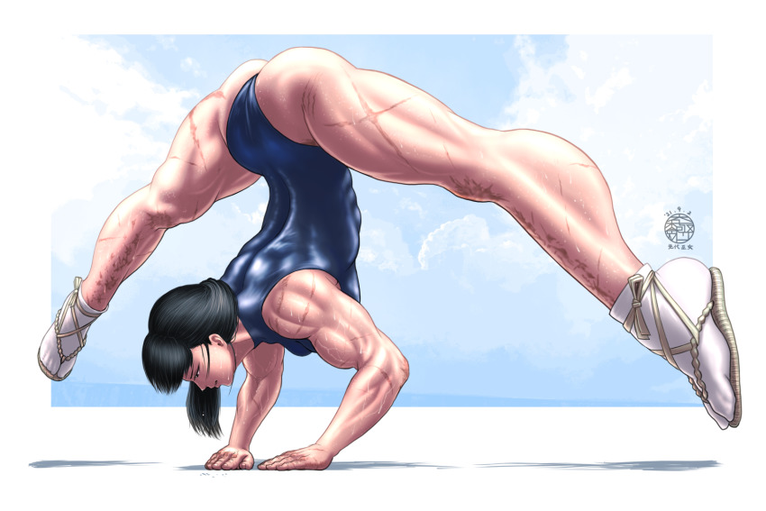 1girl, arched_back, ass, biceps, black_hair, blue_leotard, breasts, covered_abs, fingernails, flexible, full_body, handstand, highres, jack-o'_challenge, large_breasts, leotard, long_hair, m.u.g.e.n, meme, muscular, muscular_female, original, sandals, scar, scar_on_arm, scar_on_leg, sendai_hakurei_no_miko, sendai_hakurei_no_miko_(m.u.g.e.n), shoulder_blades, solo, spread_legs, sweat, tabi, taikyoku_tsurugi, thick_thighs, thighs, touhou, upside-down, white_sandals, wide_spread_legs