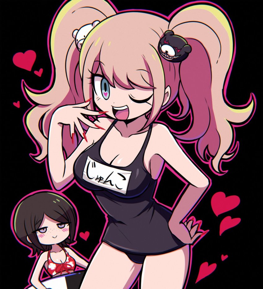 2girls, 8takenokonosato8, :d, ;d, bare_arms, bare_shoulders, bear_hair_ornament, bikini, black_background, black_one-piece_swimsuit, blue_eyes, border, breasts, cleavage, collarbone, danganronpa:_trigger_happy_havoc, danganronpa_(series), enoshima_junko, fingernails, floral_print, freckles, hair_ornament, hand_on_own_hip, hand_up, heart, heart_in_eye, highres, ikusaba_mukuro, innertube, large_breasts, leaning_forward, long_hair, multiple_girls, nail_polish, one-piece_swimsuit, one_eye_closed, open_mouth, pink_border, red_bikini, red_nails, sharp_fingernails, siblings, simple_background, sisters, smile, solo_focus, swim_ring, swimsuit, symbol_in_eye, teeth, translated, twintails, upper_teeth_only
