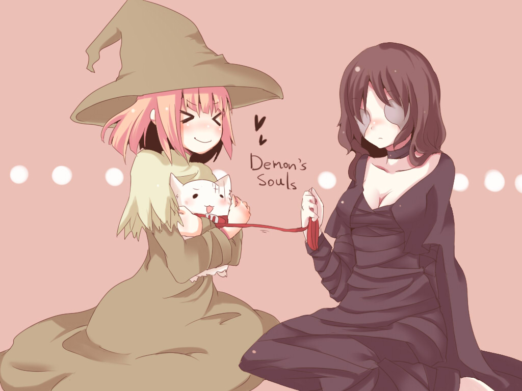 2girls, animal, black_hair, blonde_hair, blush, breasts, cape, choker