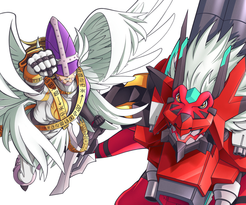 angel, covered_eyes, digimon, highres, holyangemon, mask, megalogrowmon, megalogrowmon_x-antibody
