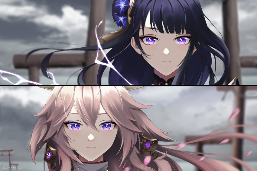 2girls, animal_ears, artist_name, blurry, blurry_background, closed_mouth, cloud, cloudy_sky, commentary, electricity, english_commentary, flower, fox_ears, genshin_impact, hair_between_eyes, hair_ornament, highres, huge_filesize, jewelry, light_smile, long_hair, looking_at_viewer, multiple_girls, naito_mizuki, petals, pink_hair, purple_eyes, purple_flower, purple_hair, raiden_shogun, ribbon, sky, tassel, torii, yae_miko