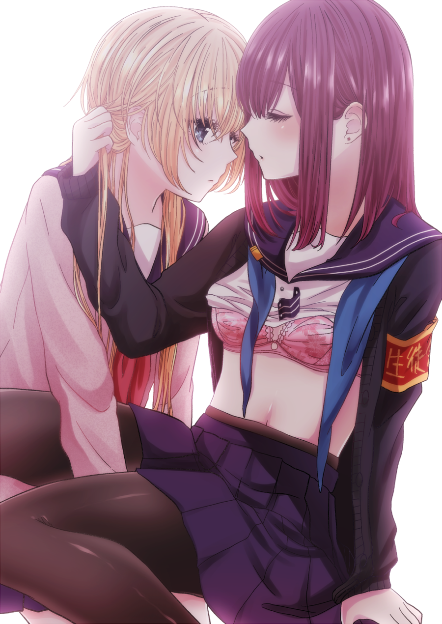 2girls, armband, black_legwear, blonde_hair, blue_eyes, blue_neckerchief, bra, cardigan