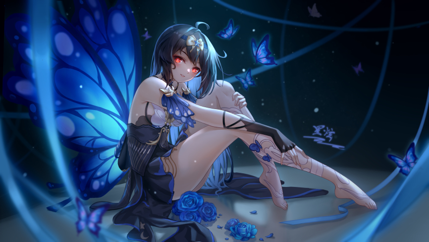 1girl, absurdres, ahoge, barefoot, black_background, black_hair, blue_flower, blue_rose, bow, bridal_gauntlets, bug, butterfly, butterfly_wings, flower, glowing, glowing_eyes, highres, honkai_(series), honkai_impact_3rd, insect, insect_wings, knee_to_chest, legs, looking_at_viewer, red_eyes, rose, seele_(alter_ego), seele_vollerei, seele_vollerei_(magic_girl_seele), seele_vollerei_(starchasm_nyx), solo, thighs, toe-point, wings, yelan_xing_xuan