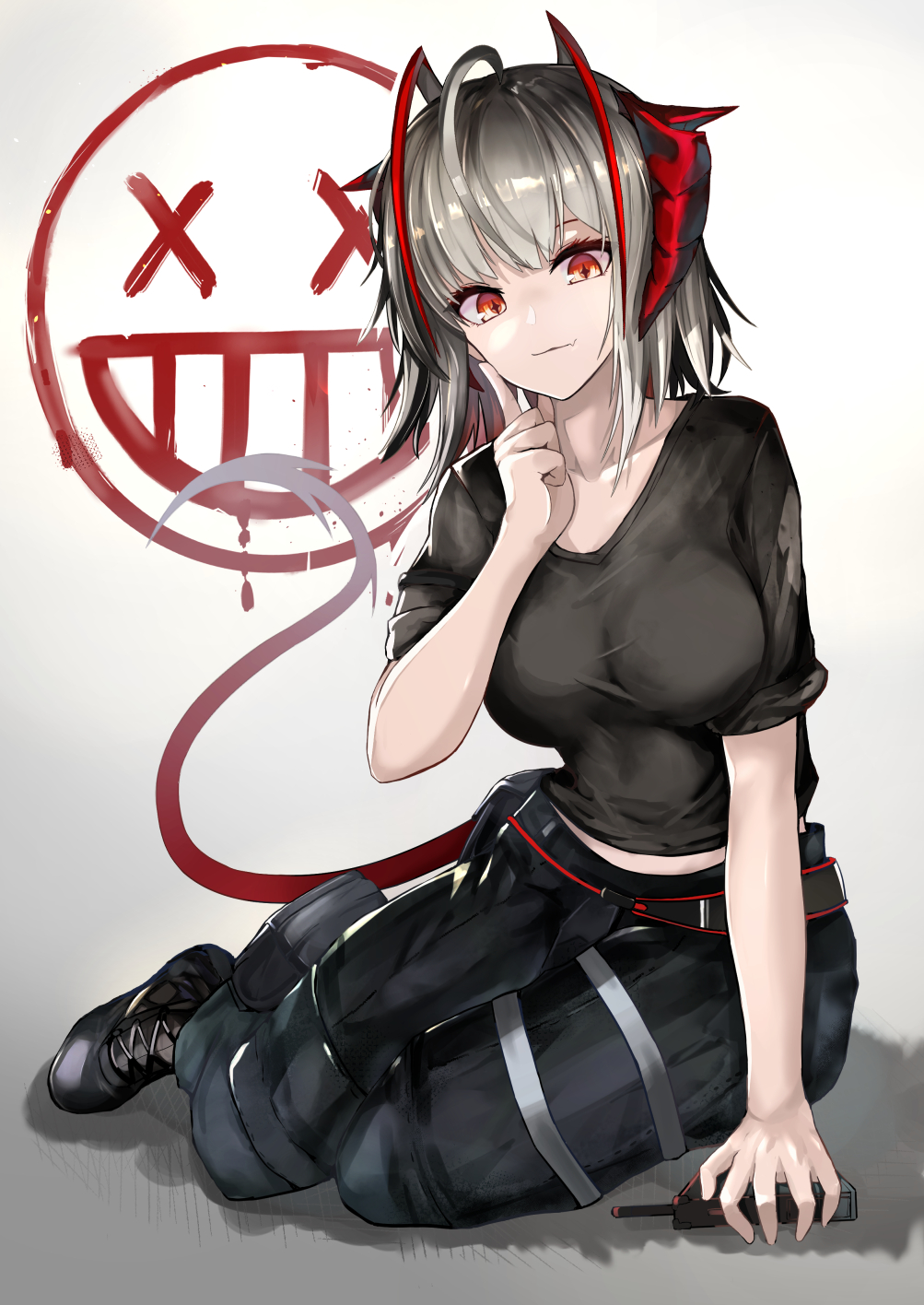 1girl, akasabi, antenna_hair, arknights, black_pants, black_shirt, black_shoes, breasts