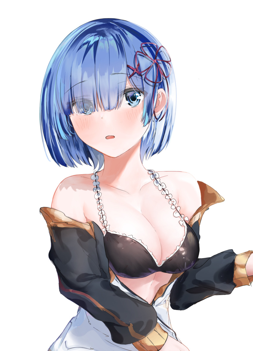 1girl, :o, absurdres, bad_id, bad_pixiv_id, bare_shoulders, black_bra, blue_eyes
