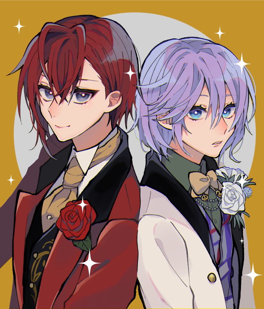 2boys, absurdres, antenna_hair, ascot, back-to-back, blue_eyes, bow, bowtie, bright_pupils, brooch, closed_mouth, crossed_bangs, epel_felmier, epel_felmier_(suitor_suit), flower, formal_clothes, green_shirt, grey_eyes, hair_between_eyes, highres, jacket, jewelry, light_purple_hair, looking_at_viewer, male_focus, multiple_boys, nu_417, official_alternate_costume, parted_lips, red_flower, red_hair, red_rose, riddle_rosehearts, riddle_rosehearts_(suitor_suit), rose, shirt, short_hair, simple_background, smile, sparkle, suit, tuxedo, twisted_wonderland, white_flower, white_pupils, white_rose, white_shirt, yellow_neckwear