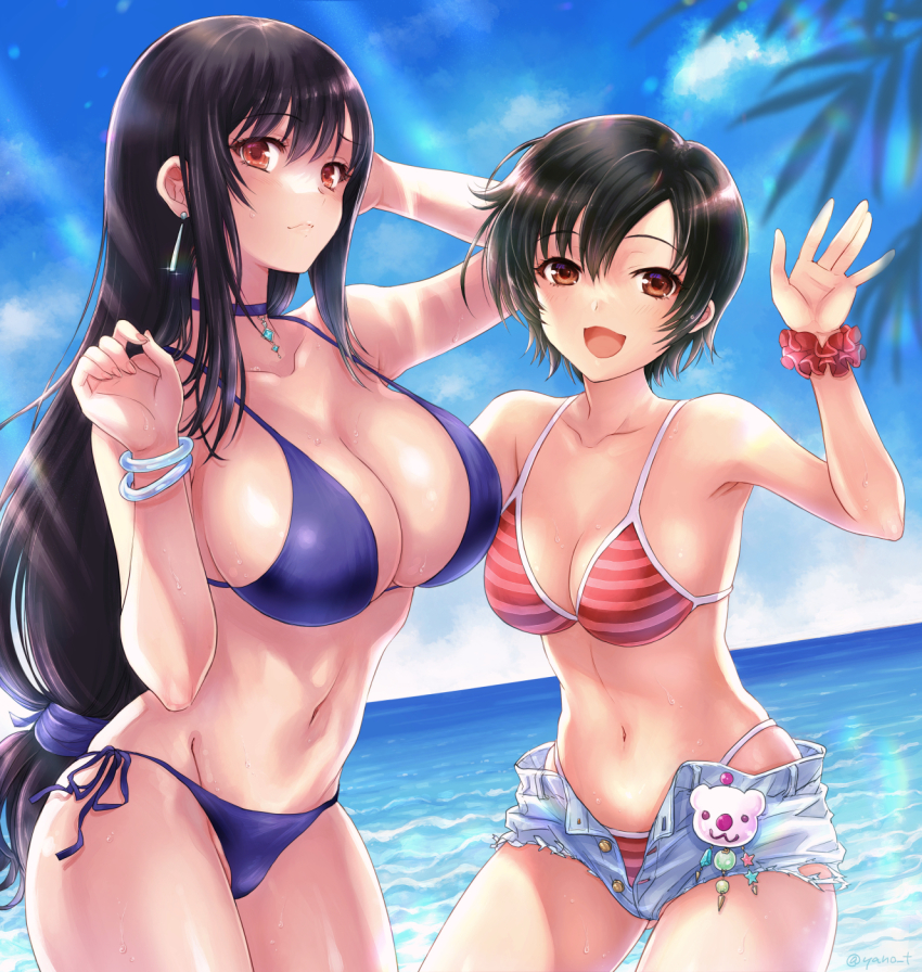 2girls, :d, alternate_costume, arm_behind_head, arm_up, armpits, bare_shoulders, bikini, black_hair, blue_sky, blush, bracelet, breasts, brown_eyes, choker, cleavage, closed_mouth, cloud, collarbone, commentary_request, cowboy_shot, cutoffs, day, denim, denim_shorts, earrings, final_fantasy, final_fantasy_vii, floating_earrings, groin, hair_between_eyes, highres, jewelry, large_breasts, long_hair, looking_at_viewer, low-tied_long_hair, medium_breasts, midriff, multiple_girls, navel, ocean, open_fly, open_mouth, outdoors, purple_bikini, purple_choker, red_bikini, red_eyes, red_scrunchie, scrunchie, short_hair, short_shorts, shorts, side-tie_bikini_bottom, sidelocks, skindentation, sky, smile, square_enix, standing, striped_bikini, striped_clothes, sweat, swept_bangs, swimsuit, tifa_lockhart, wrist_scrunchie, yano_takumi, yuffie_kisaragi