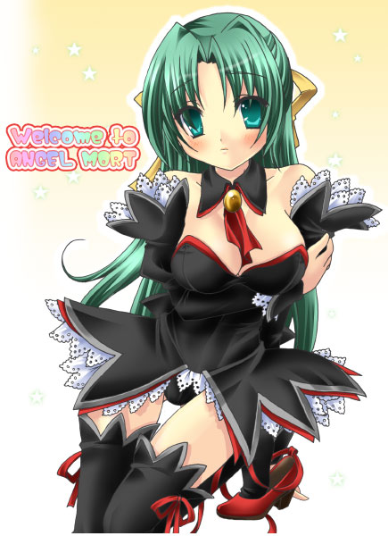 00s, 1girl, angel_mort, detached_collar, english_text, female_focus, half_updo, higurashi_no_naku_koro_ni