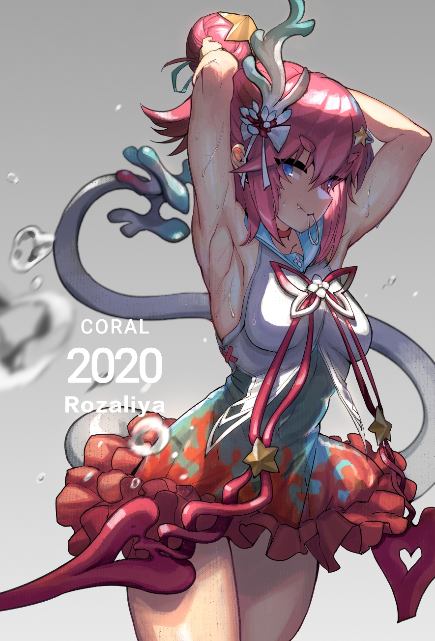 1girl, adjusting_hair, armpits, arms_behind_head, blue_eyes, breasts, closed_mouth, hair_between_eyes