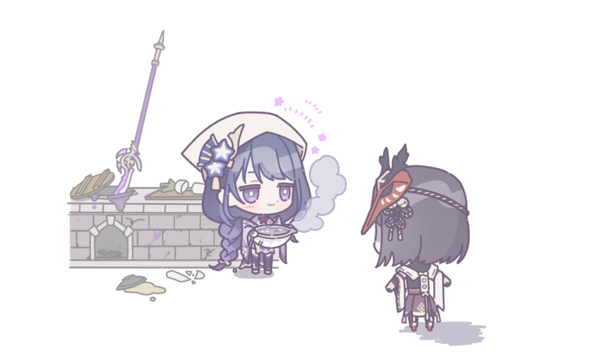 2girls, black_hair, blush, bowl, braid, chibi, cooking, cutting_board