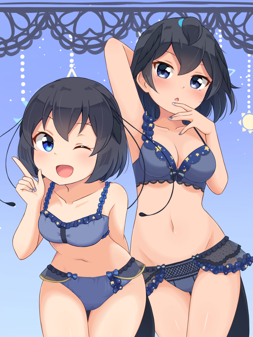 2girls, ;d, absurdres, antennae, arm_behind_back, arm_behind_head, armpits, black_hair