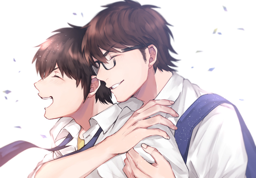 2boys, ace_of_diamond, blush, brown_hair, couple, closed_eyes, falling_petals, glasses