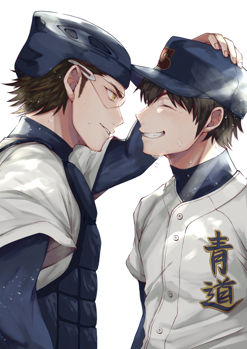 2boys, absurdres, ace_of_diamond, baseball_cap, baseball_uniform, brown_eyes, brown_hair, couple