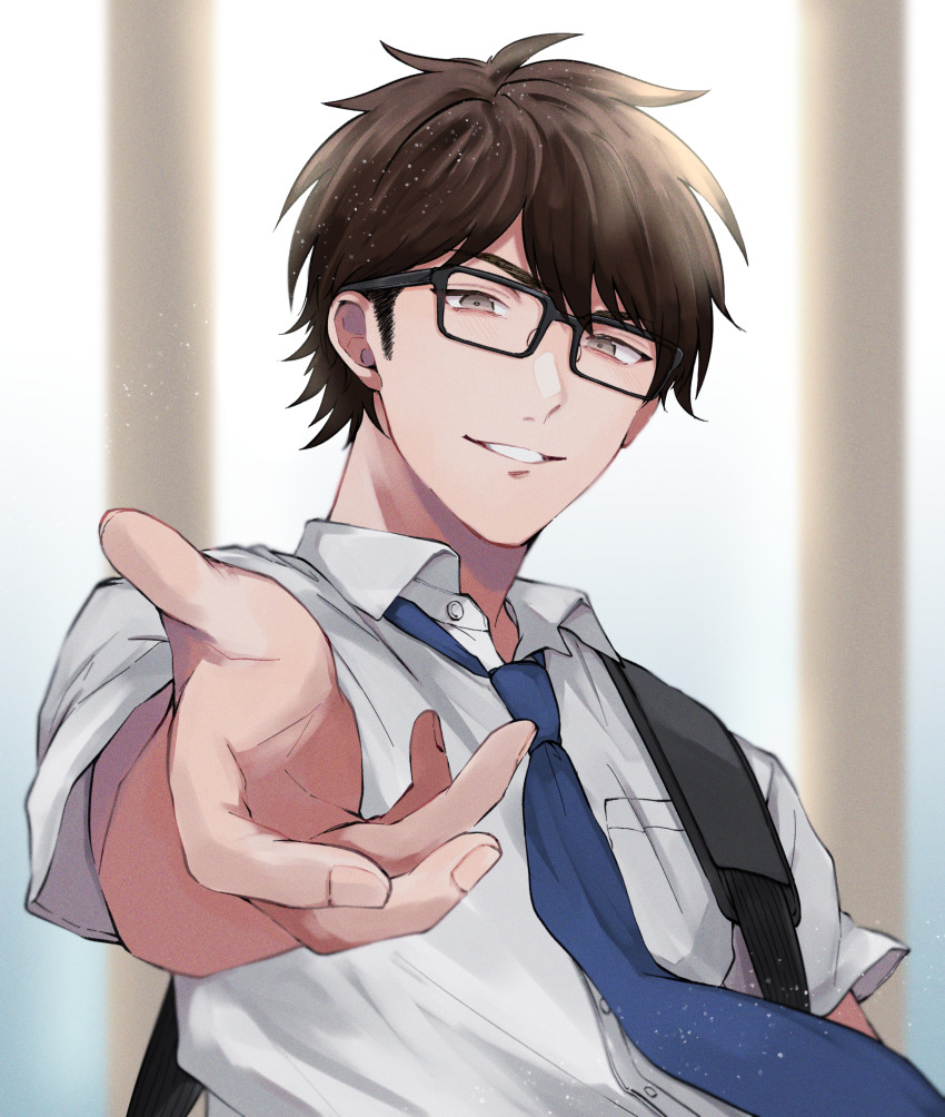 1boy, absurdres, ace_of_diamond, blush, brown_eyes, brown_hair, glasses, highres, huge_filesize, looking_at_viewer, male_focus, miyuki_kazuya, necktie, school_uniform, shirt, short_hair, sideburns, smile, solo, teeth, upper_body, white_shirt, xkftc737