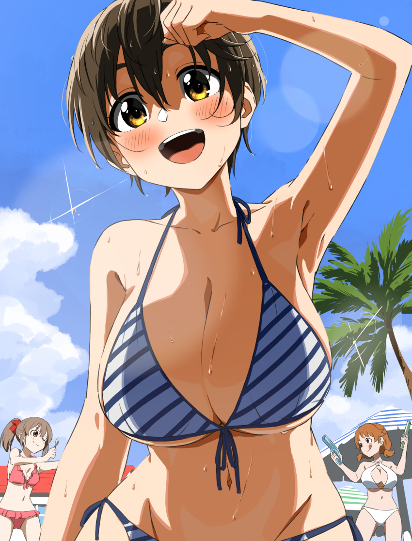 3girls, arm_up, armpits, bikini, blue_sky, breasts, brown_eyes, brown_hair, cleavage, cloud, collarbone, diagonal-striped_bikini, diagonal-striped_clothes, dr._gero_(staedtler_0508), dual_wielding, hair_between_eyes, highres, holding, holding_spoon, hori_yuko, idolmaster, idolmaster_cinderella_girls, katagiri_sanae, large_breasts, long_hair, low_twintails, medium_breasts, multiple_girls, navel, oikawa_shizuku, one_eye_closed, open_mouth, outdoors, pink_bikini, sexy_guilty_(idolmaster), short_hair, short_twintails, sky, smile, spoon, striped_bikini, striped_clothes, swimsuit, twintails, water_gun, white_bikini