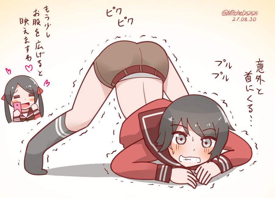 2girls, =_=, arm_rest, black_hair, black_socks, blue_eyes, brown_sailor_collar, brown_serafuku