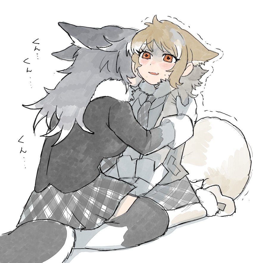 2girls, animal_ears, black_hair, blush, brown_hair, closed_mouth, commentary_request, ears_down