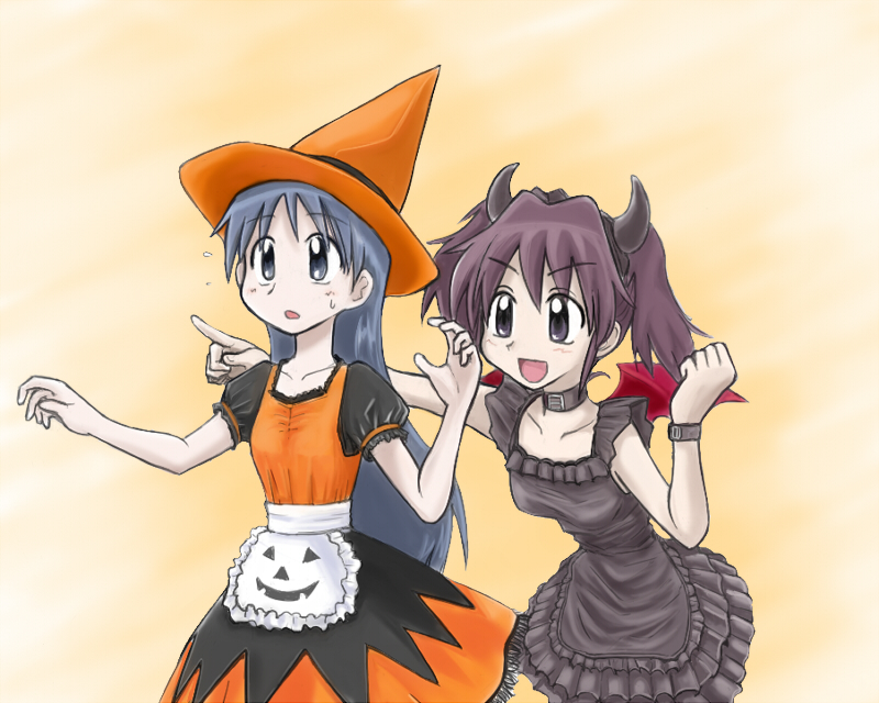 00s, 2girls, asou_natsumi, bad_id, bad_pixiv_id, bat_wings, halloween, hat