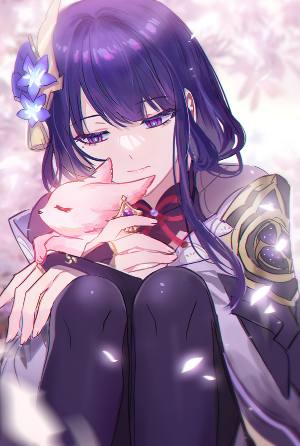2girls, blunt_bangs, braid, closed_eyes, fox, fractalmagnolia, genshin_impact, hair_ornament, half-closed_eyes, japanese_clothes, kimono, long_hair, mole, mole_under_eye, multiple_girls, purple_eyes, purple_hair, purple_legwear, raiden_shogun, sitting, thighhighs, yae_miko, yae_miko_(fox)